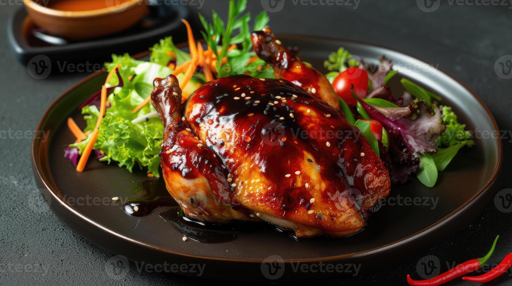 AI generated a half-smoked chicken adorned with barbecue sauce, served alongside a fresh salad and flavorful sauce, the succulent texture and appetizing presentation of delicious meal. photo