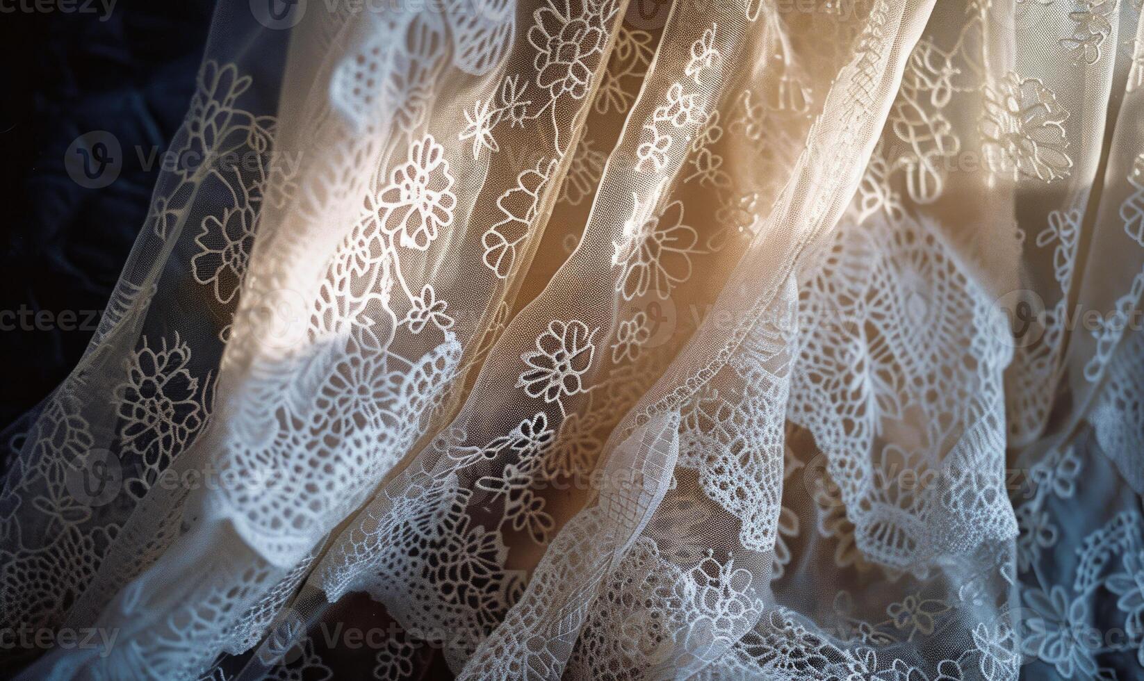 AI generated Closeup of beading and sequins on a wedding dress. Wedding dress in the morning sunlight. Close up of wedding dress photo