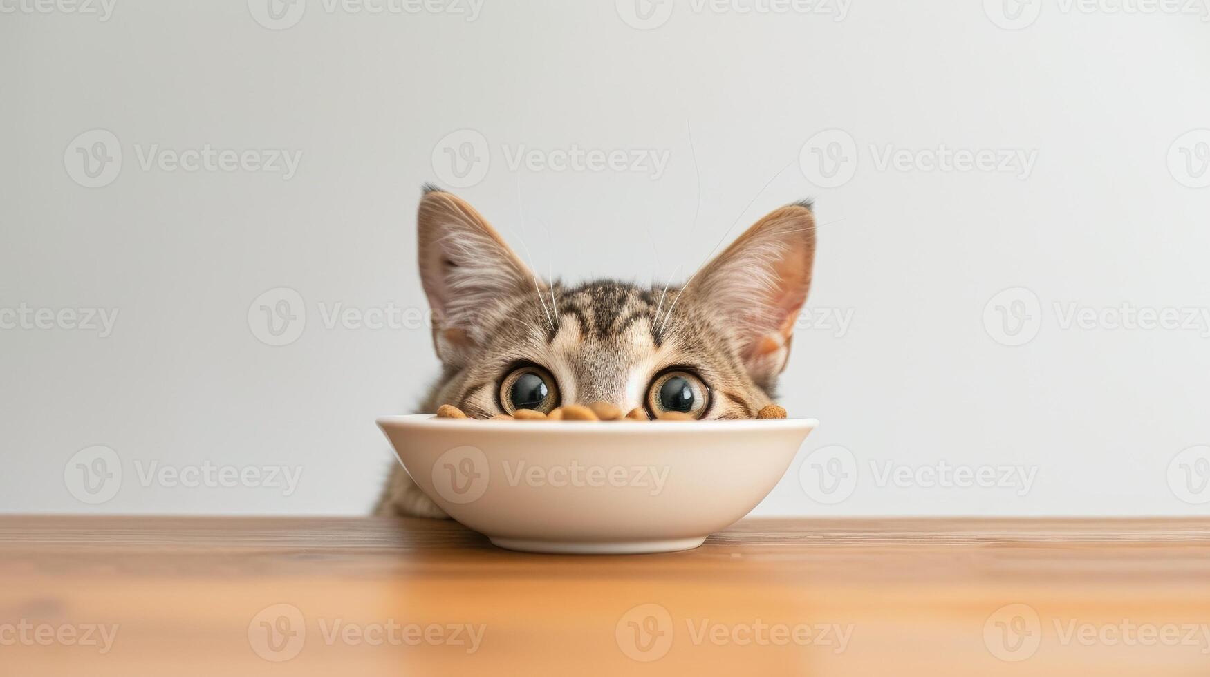 AI generated a cat its head out from under the table, drawn by the aroma of wet cat food in a bowl placed on the table, against a  white background, showcasing the irresistible allure of dining photo
