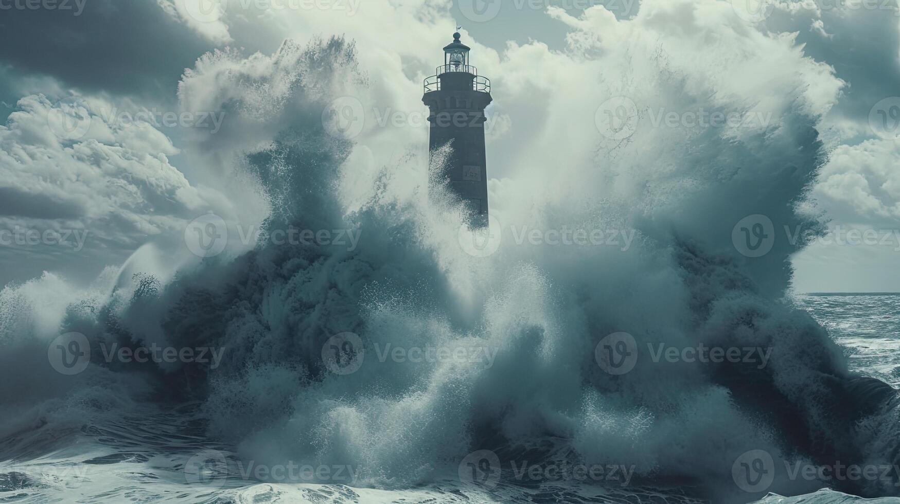 AI generated an offshore lighthouse standing tall amidst crashing waves, its sturdy structure weathering the elements while guiding ships safely through treacherous waters. photo