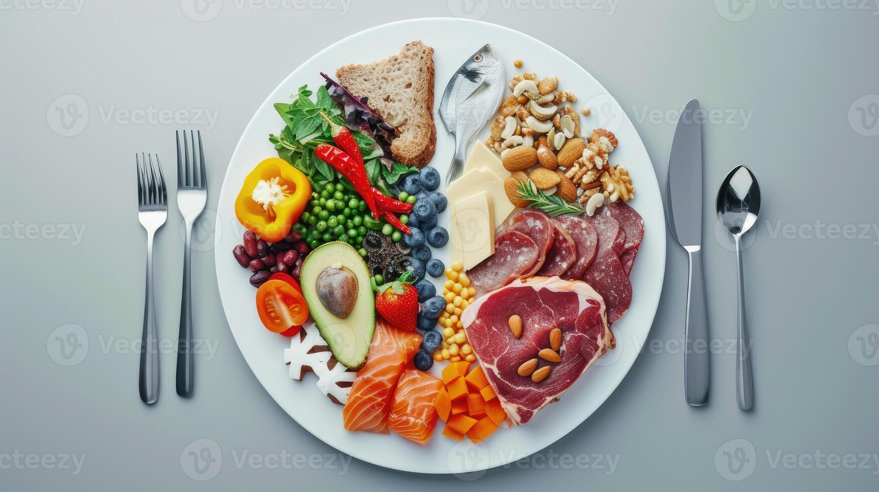 AI generated a plate divided into sections, a balanced diet that emphasizes the importance of the right types of fats, countering the notion that saturated fats of cardiovascular disease. photo