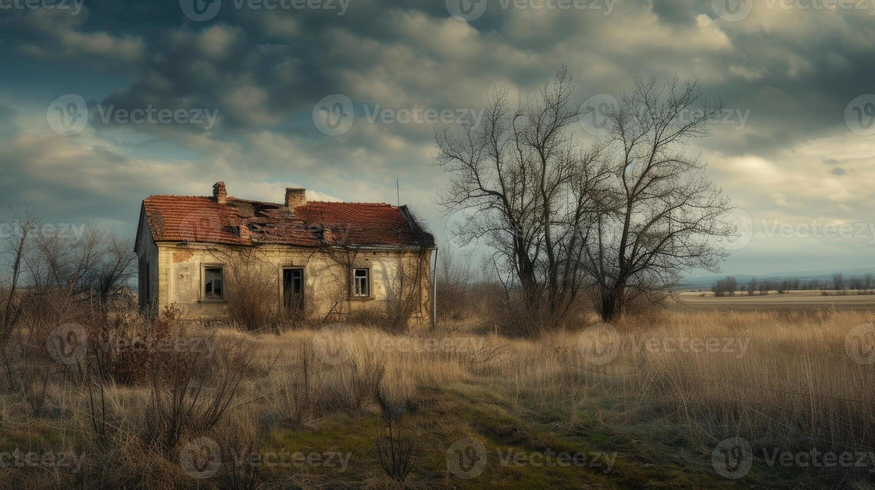 AI generated an old dilapidated house, weathered by time and neglect, in a realistic photograph that evokes a sense of nostalgia and abandonment. photo