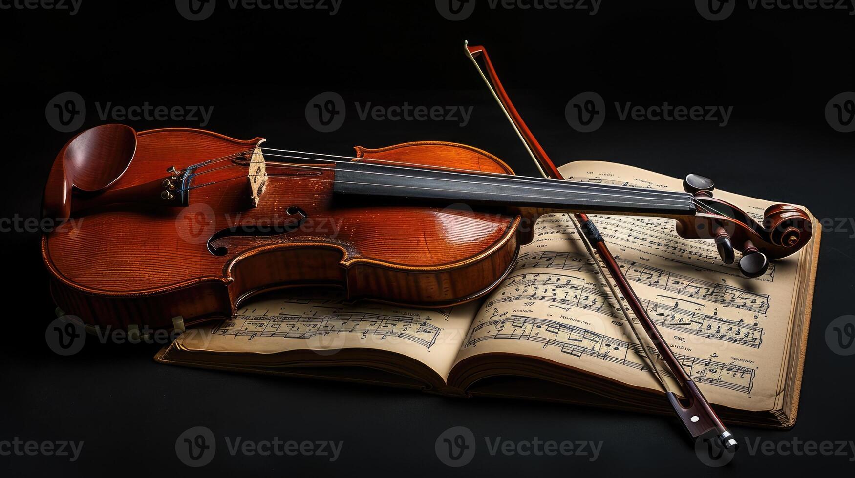AI generated a violin accompanied by its bow and sheet music, elegantly poised on a black background, with clean lines and natural shadows enhancing its ultra-detailed craftsmanship. photo