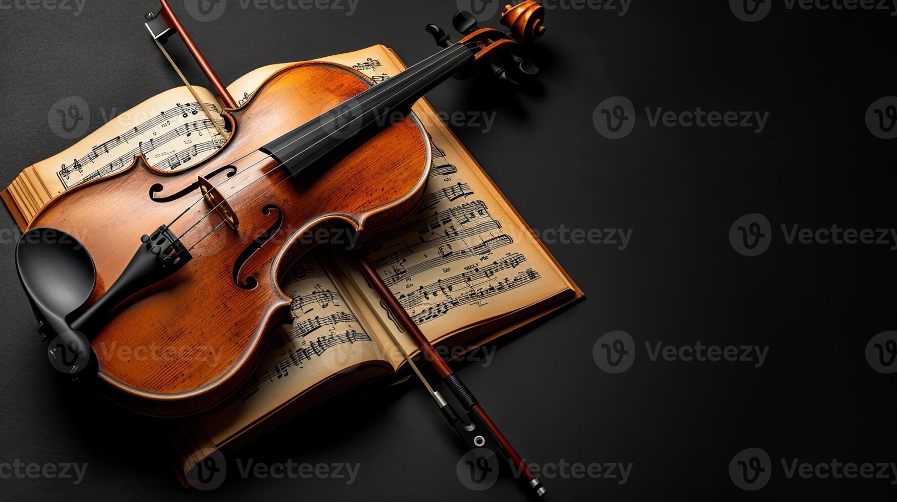 AI Generated a violin accompanied by its bow and sheet music, elegantly poised on a black background, with clean lines and natural shadows enhancing its ultra-detailed craftsmanship. photo