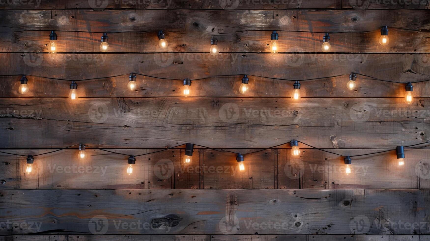 AI generated a wood wall adorned with warm bulb lights, creating a cozy and inviting atmosphere in a living space or cafe setting. photo