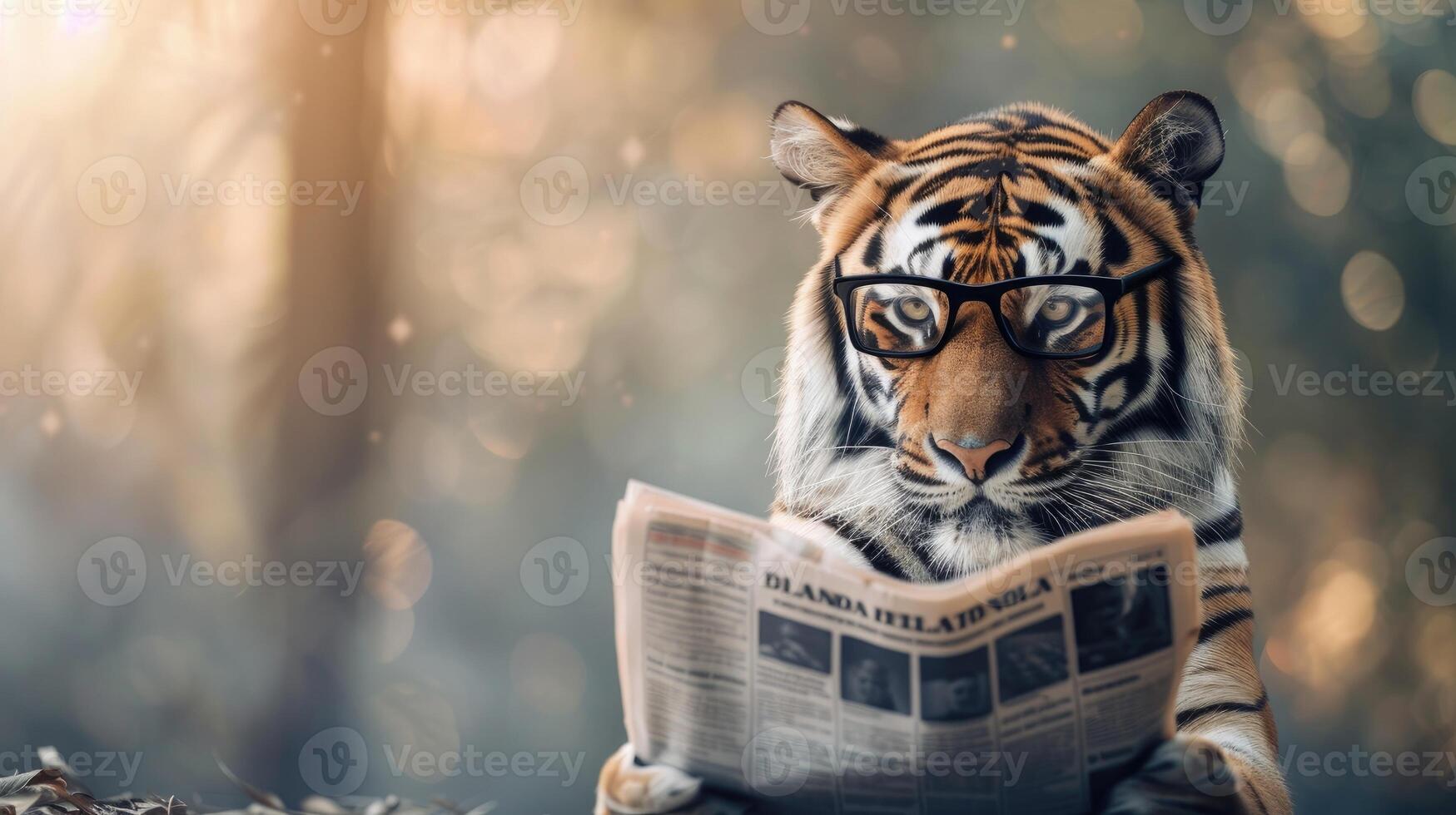 ai generado Tigre vistiendo negro lentes como eso se involucra en el Actuar de leyendo un periódico en contra un sereno, de color claro fondo foto