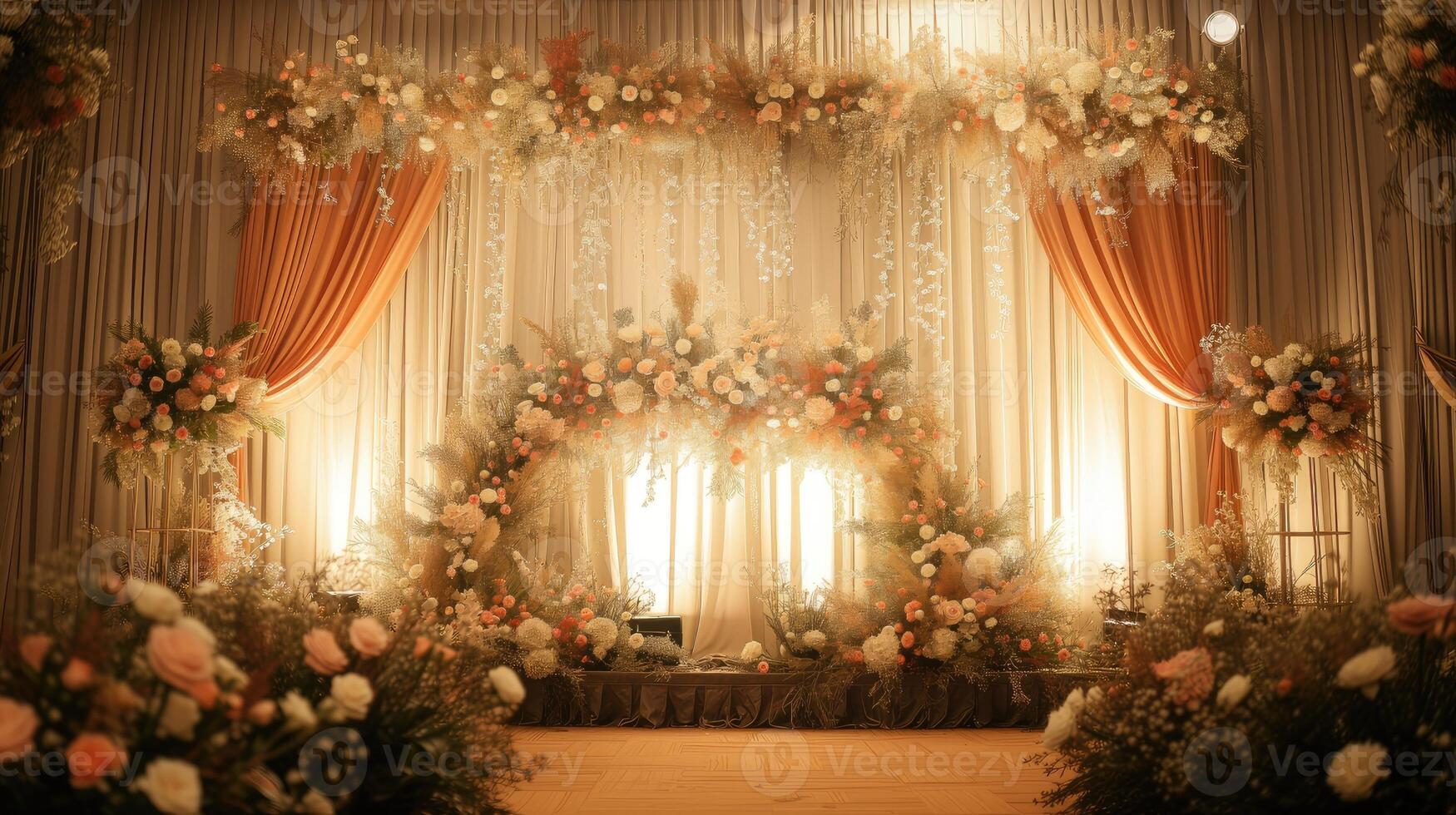 AI generated a romantic wedding stage adorned with delicate flowers, emanating an atmosphere of love and enchantment as couples exchange vows in a breathtaking setting. photo