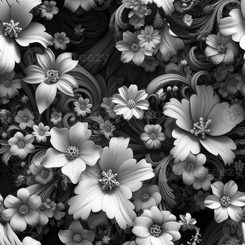 AI generated A luxurious wallpaper design in black and white, showcasing delicate flowers with a touch of gold accents, created using high-quality materials for a rich. SEAMLESS PATTERN. photo