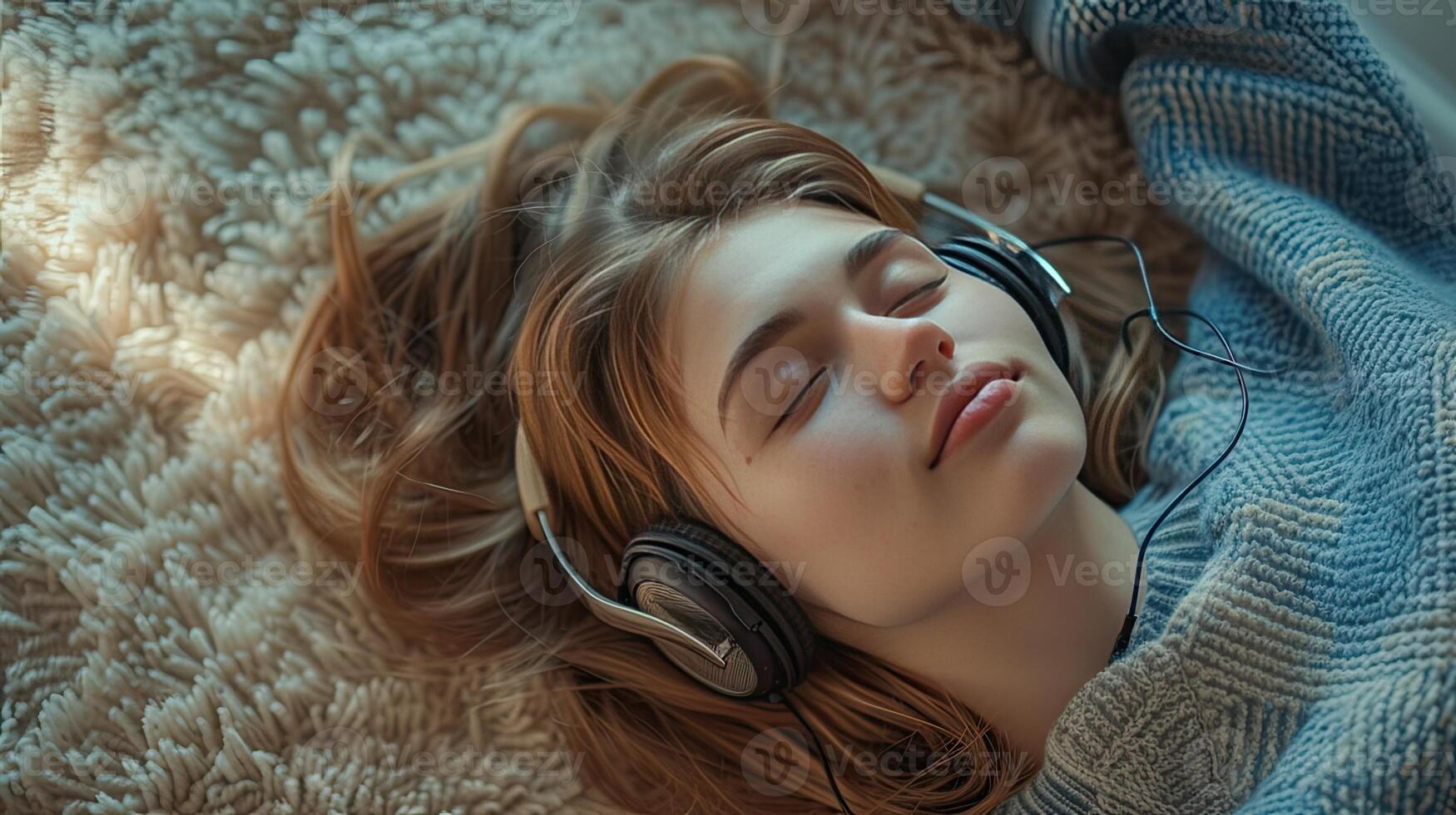 AI generated a relaxed woman lying on the carpet at home, indulging in music through her headphones, exuding a sense of calm and contentment in her portrait. photo