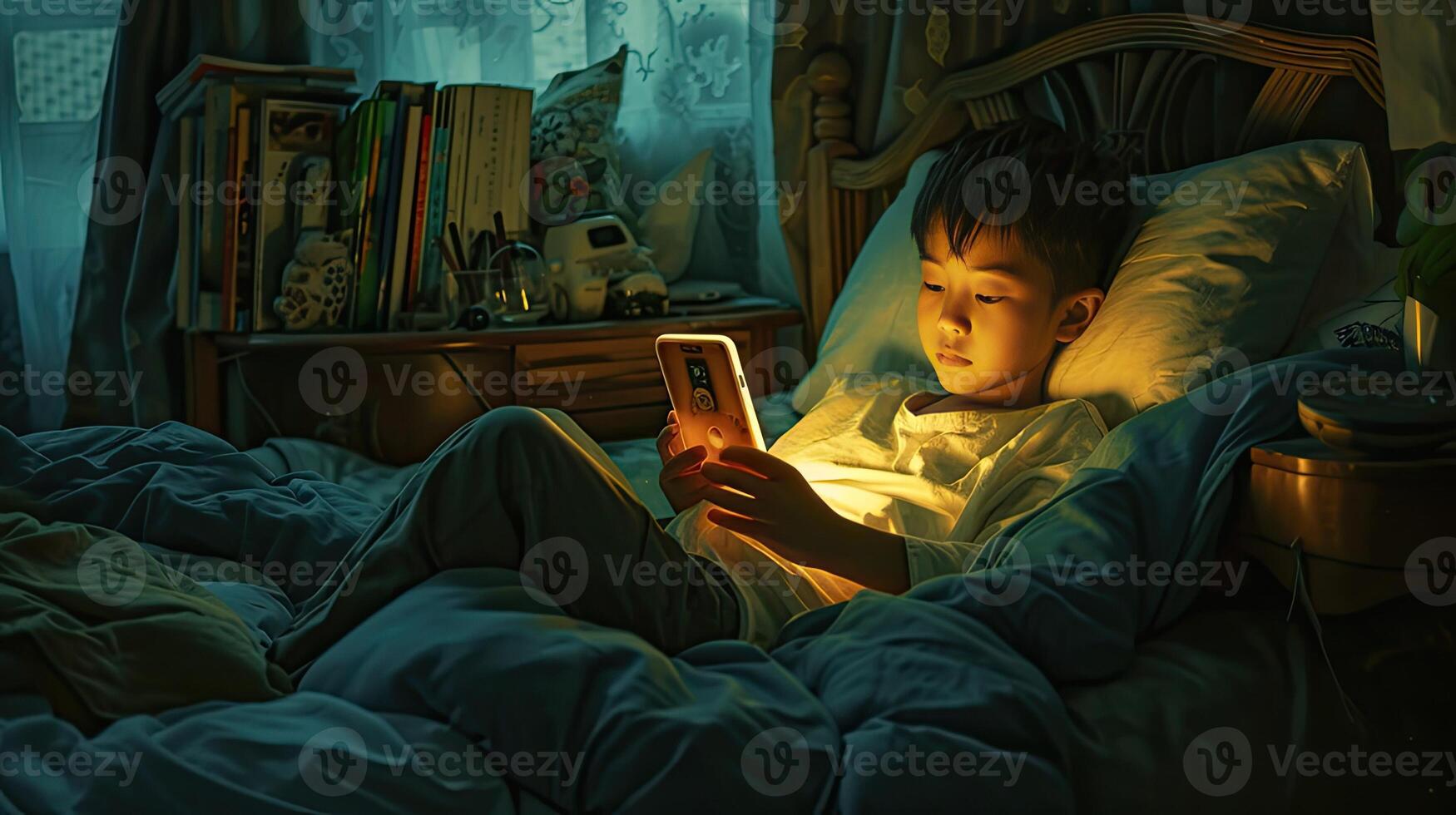 AI generated a Chinese boy engrossed in his mobile phone while lounging in bed, the soft glow of the screen illuminating his face, highlighting the allure of modern technology in everyday life. photo