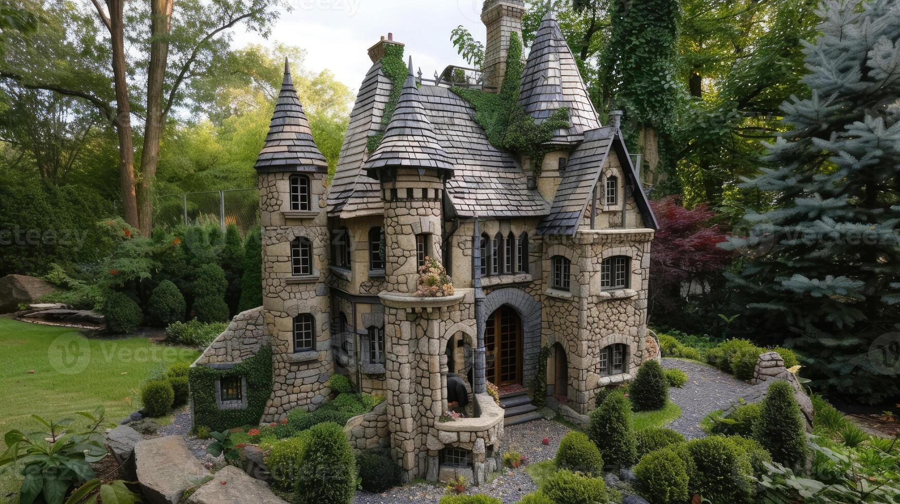 AI generated a small house cleverly designed to resemble a castle, nestled amidst rolling hills and surrounded by whimsical gardens, invoking a sense of fairy-tale charm. photo