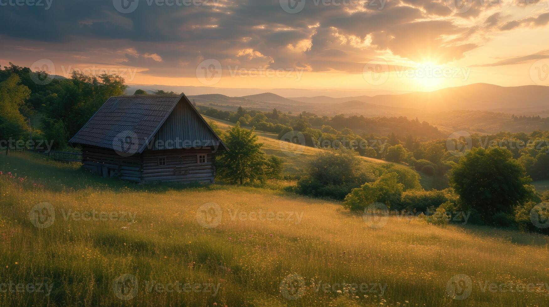 AI generated village life in Serbia with a realistic photograph featuring a quaint wooden cabin nestled amidst the picturesque countryside, evoking a sense of tranquility and serenity. photo