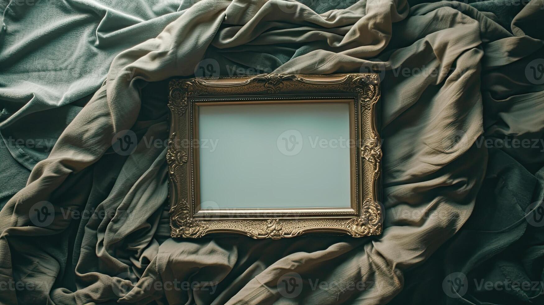 AI generated an empty frame resting on a bed, slightly turned, viewed from a high angle, inviting viewers to ponder the potential for personalization and storytelling within the frame's confines. photo