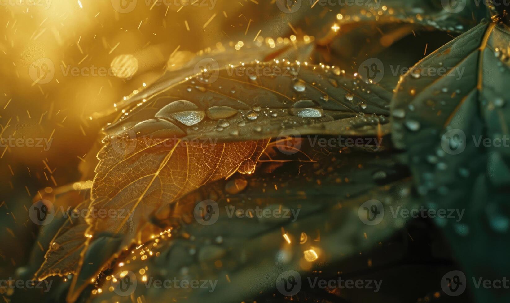 AI generated Morning dew on the leaves of strawberry. Shallow depth of field. photo