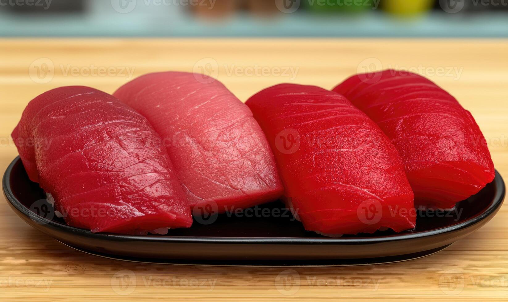 AI generated Raw fresh salmon sashimi served on black plate, Japanese food style photo