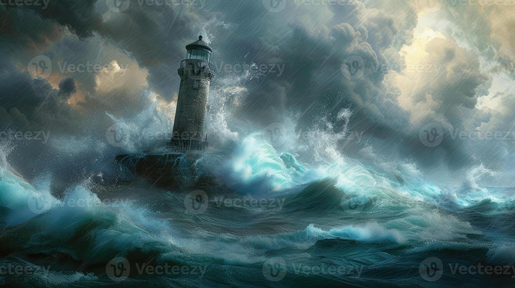 AI generated an offshore lighthouse standing tall amidst crashing waves, its sturdy structure weathering the elements while guiding ships safely through treacherous waters. photo