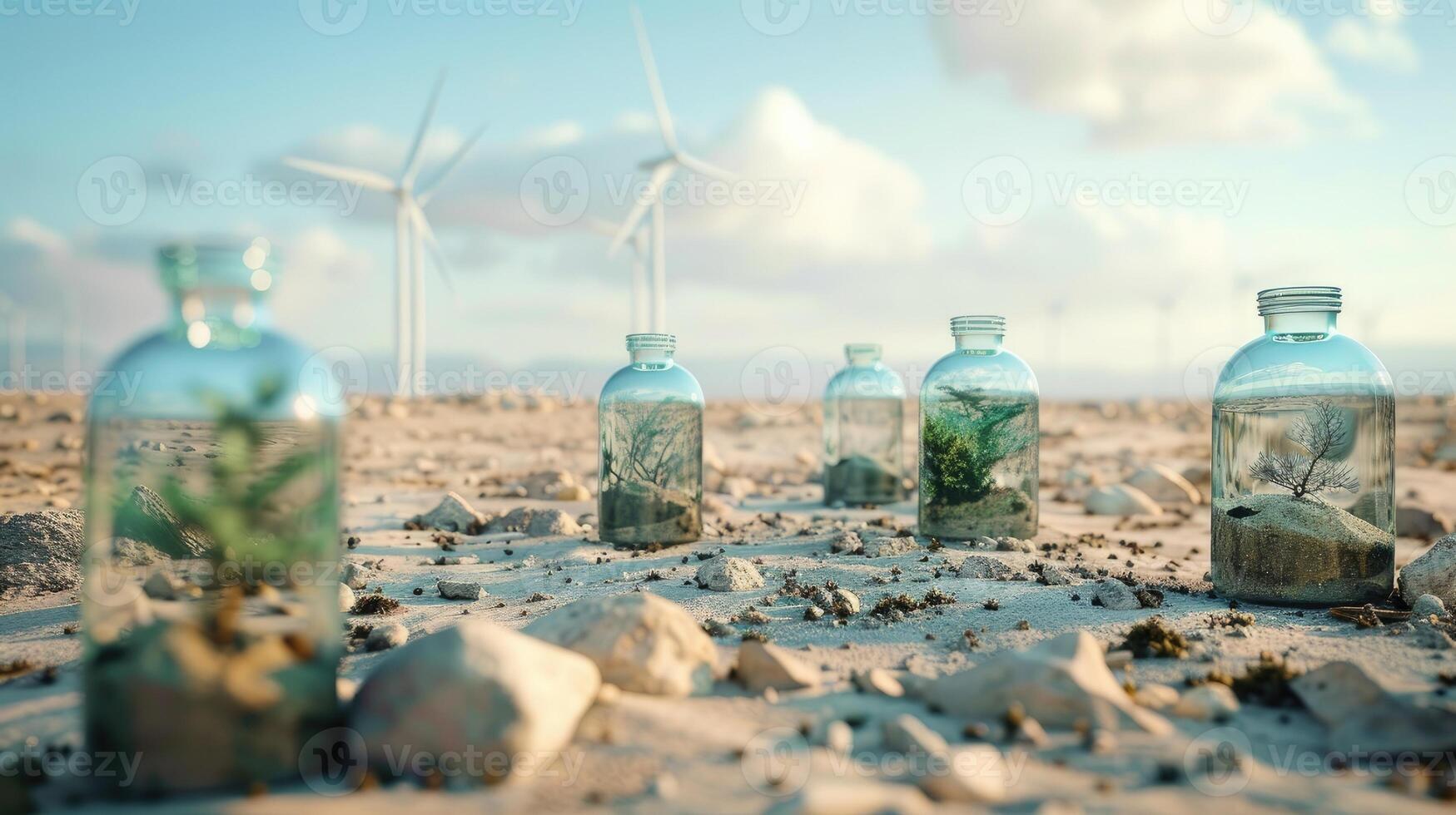 AI generated deserts and the delicate beauty of miniature nature enclosed in glass bottles, symbolizing the importance of environmental protection. photo