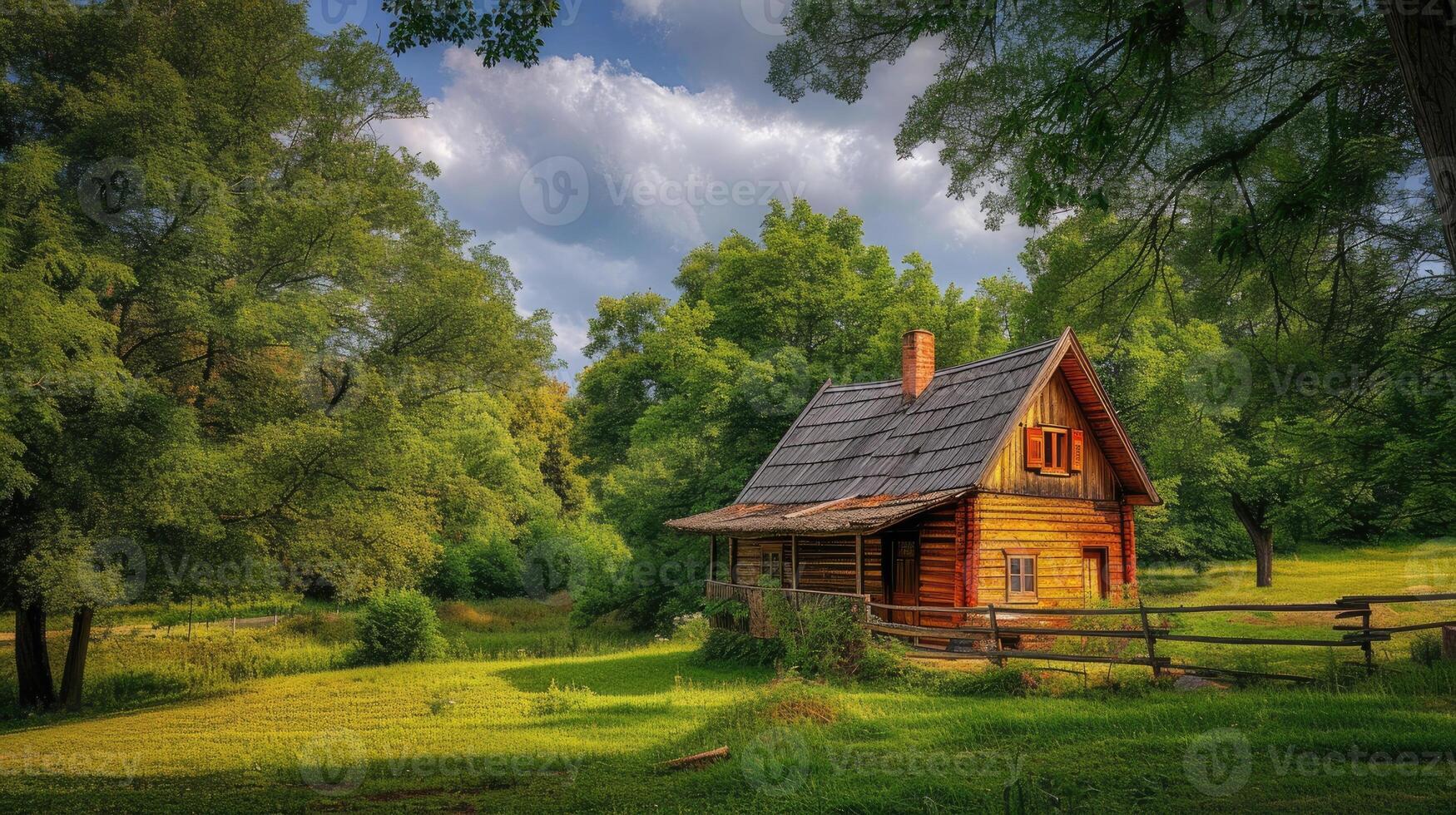 ai generado pueblo vida en serbia con un realista fotografía presentando un pintoresco de madera cabina anidado en medio de el pintoresco campo, evocando un sentido de tranquilidad y serenidad. foto
