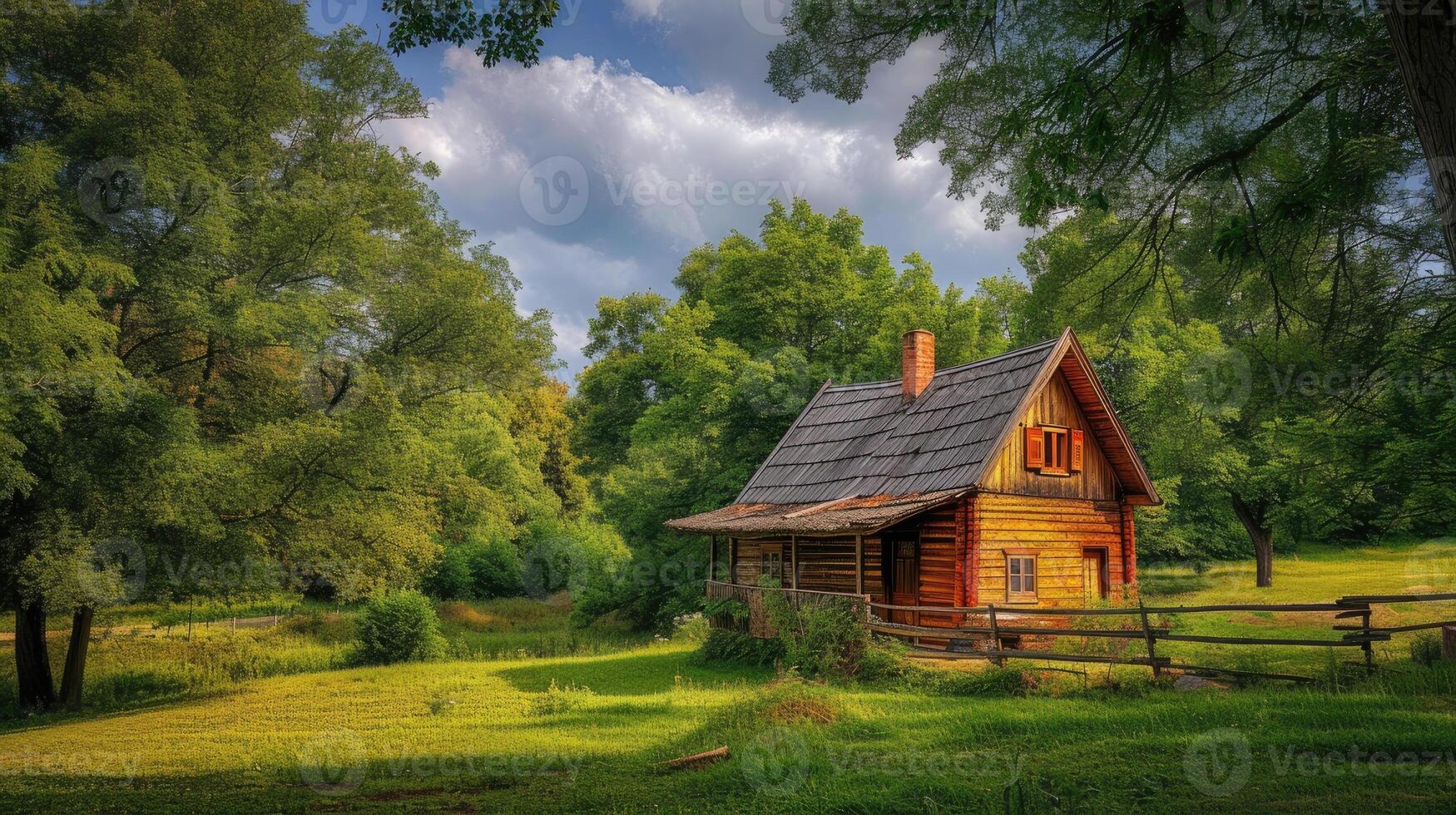 AI generated village life in Serbia with a realistic photograph featuring a quaint wooden cabin nestled amidst the picturesque countryside, evoking a sense of tranquility and serenity. photo