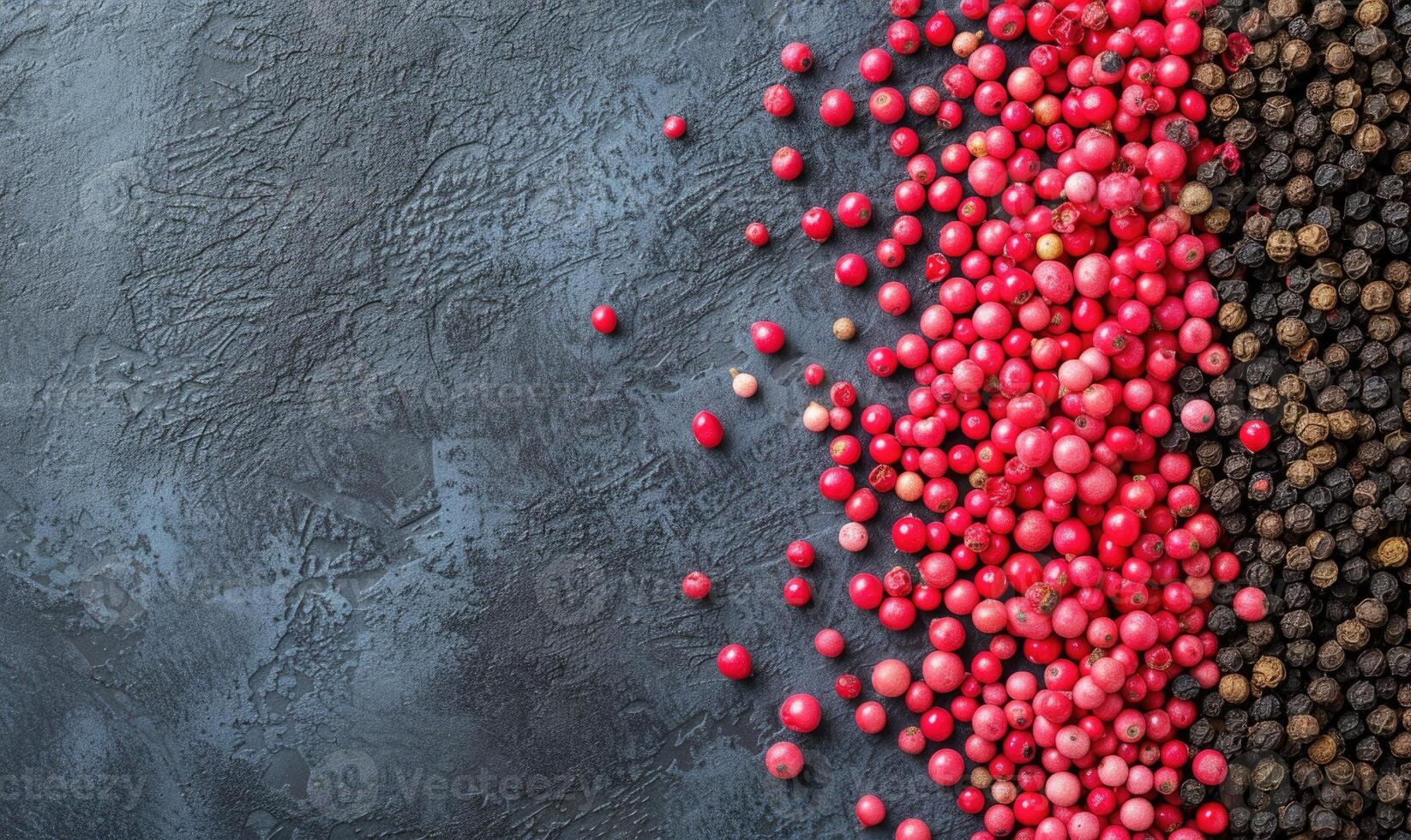 AI generated Red, black and white peppercorns on a dark textured background photo
