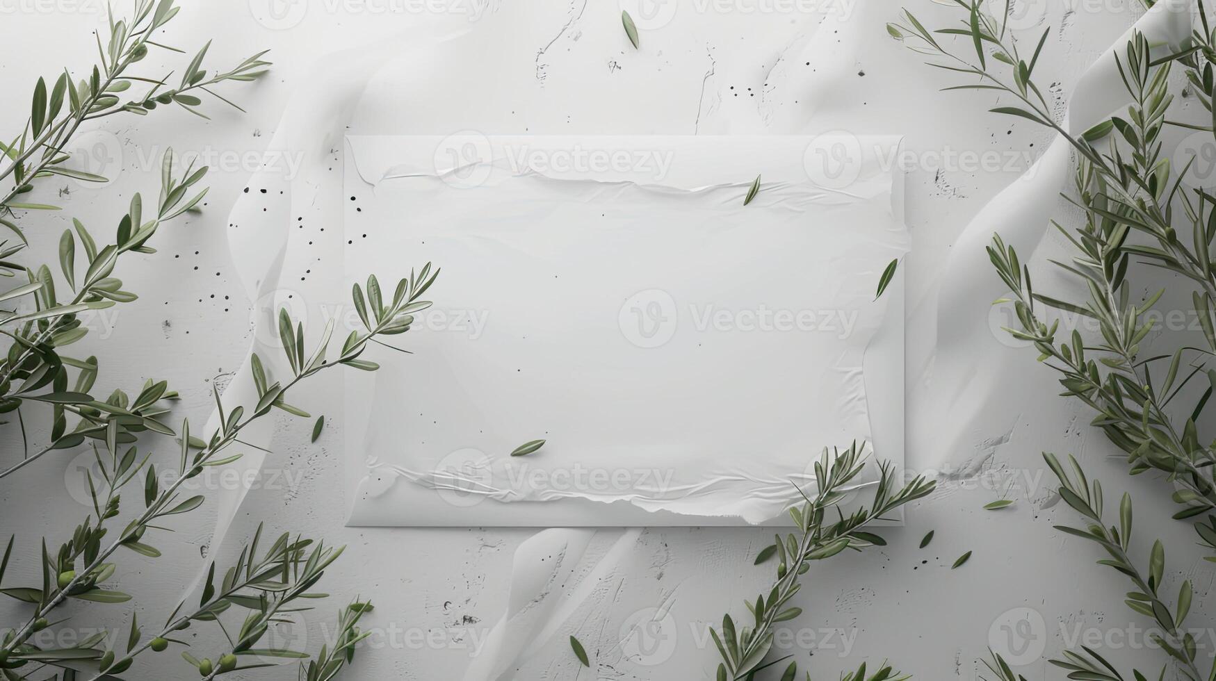 AI generated a blank greeting card mockup featuring olive tree branches delicately arranged on a white table background, perfect for wedding invitations. photo