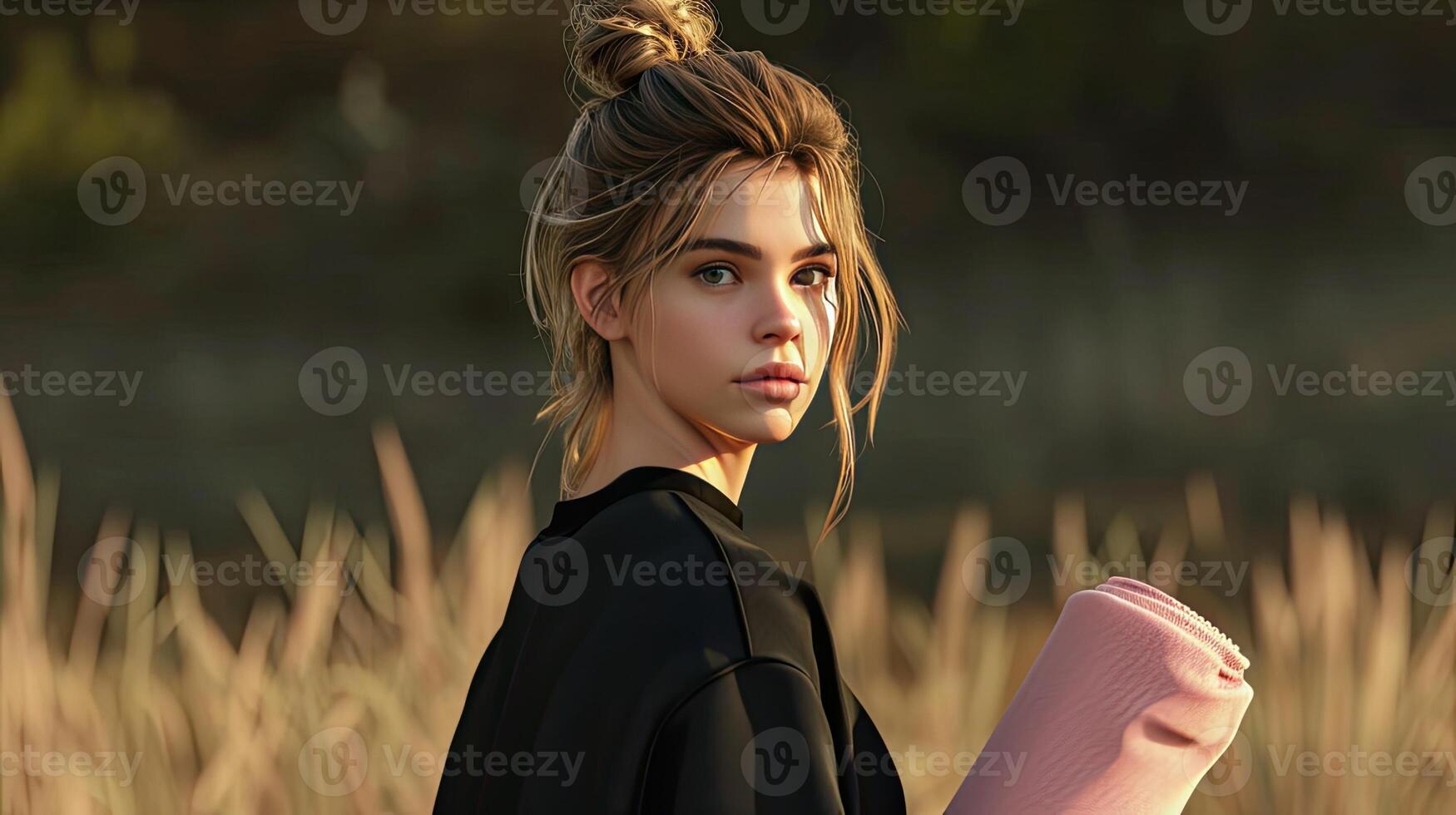 AI Generated a woman with blond hair styled in a casual bun, effortlessly showcasing a plain black crewneck sweatshirt with no wrinkles, her demeanor exuding confidence as she carries a rolled-up pink photo