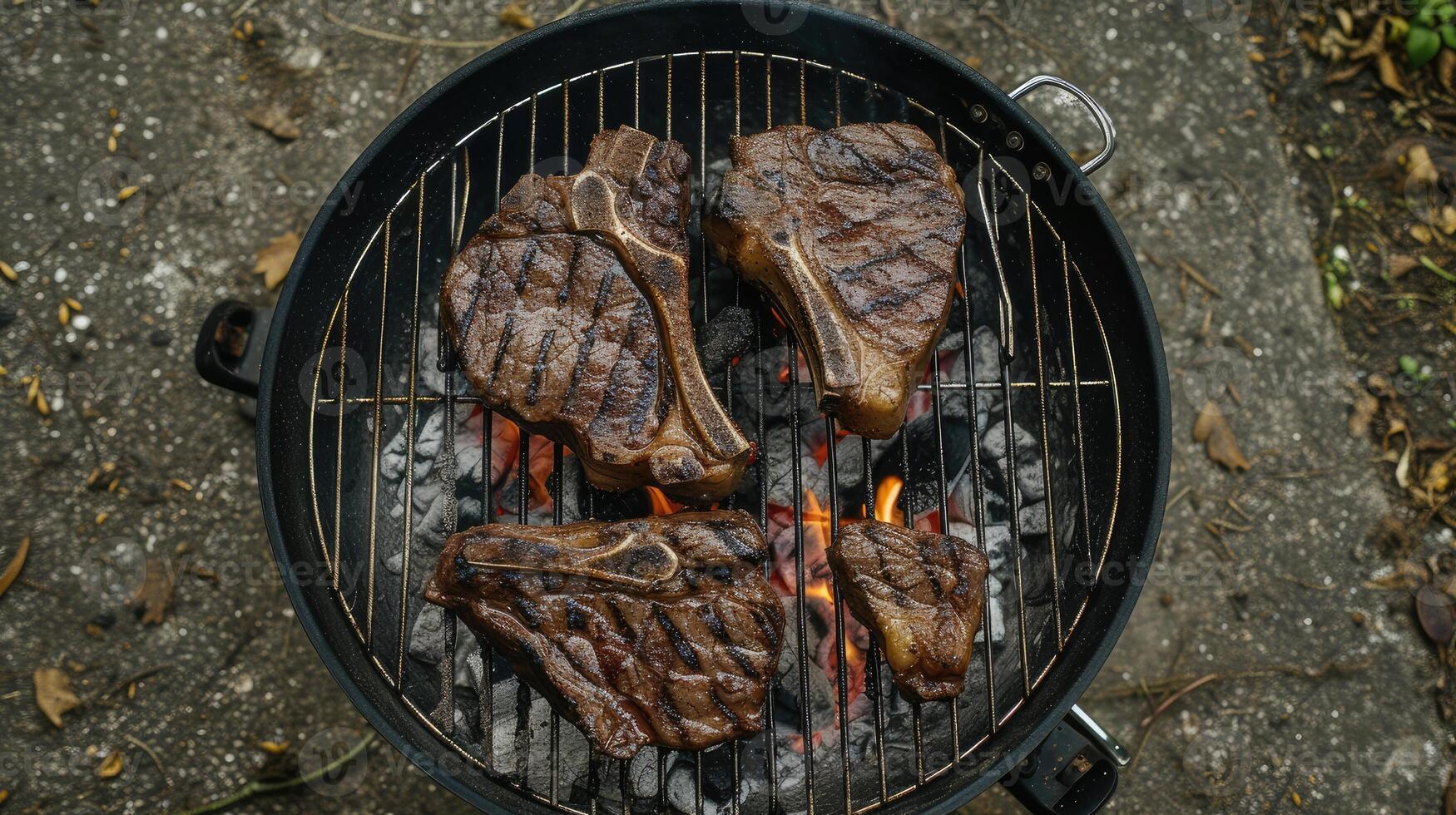 AI generated beef T-bone steaks grilling over hot BBQ coals, featuring porterhouse steak or T-bone steak varieties,ideal for restaurant menus or cookbook recipes photo