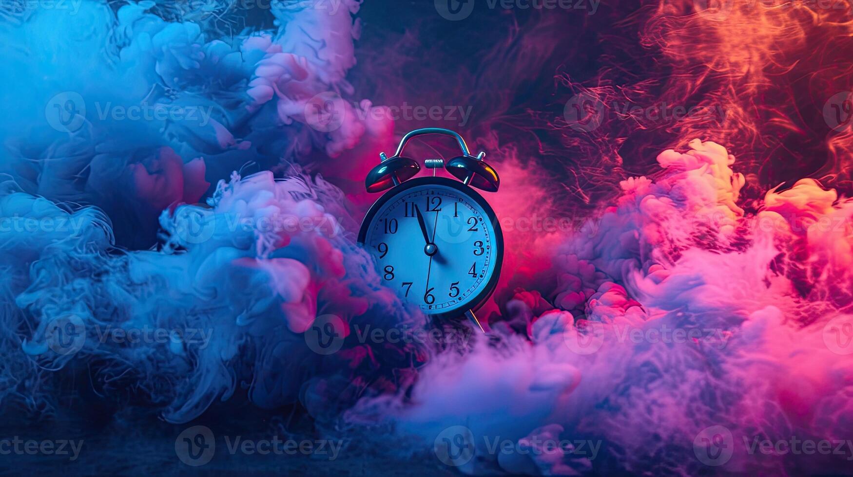AI generated a clock rings loudly, its vibrant colors blending with bright colored smoke, creating a visually striking scene of alertness and heightened awareness. photo