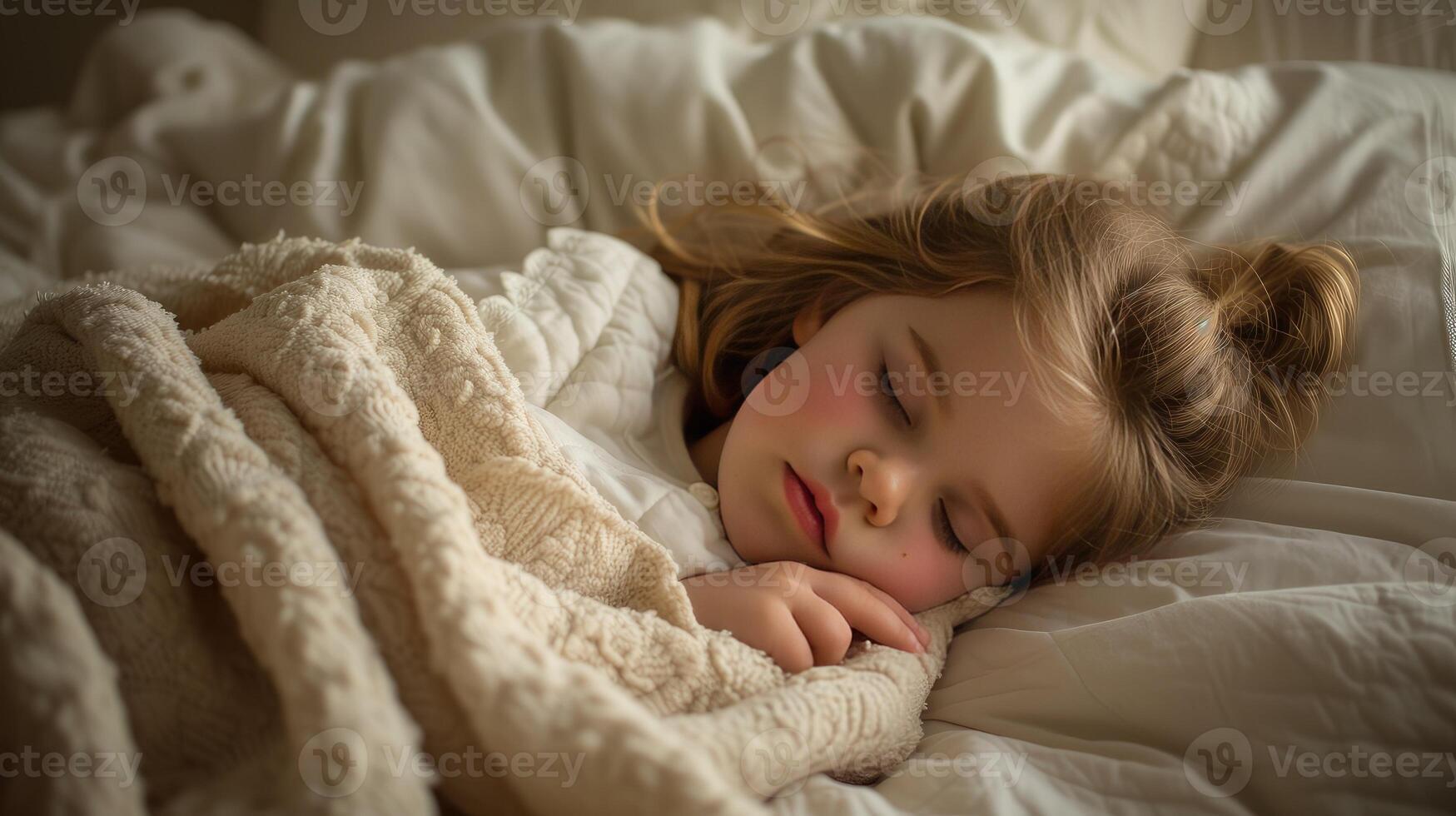 AI generated a little girl as she sleeps soundly in bed, nestled under a plush, soft, textured blanket that envelops her in warmth and comfort, creating a serene and cozy atmosphere. photo