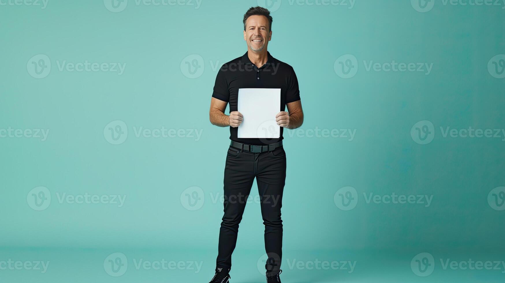 AI generated a contented man in his early 40s through a realistic full-length body shot, as he stands holding a big white card between his hands and faces the camera. photo