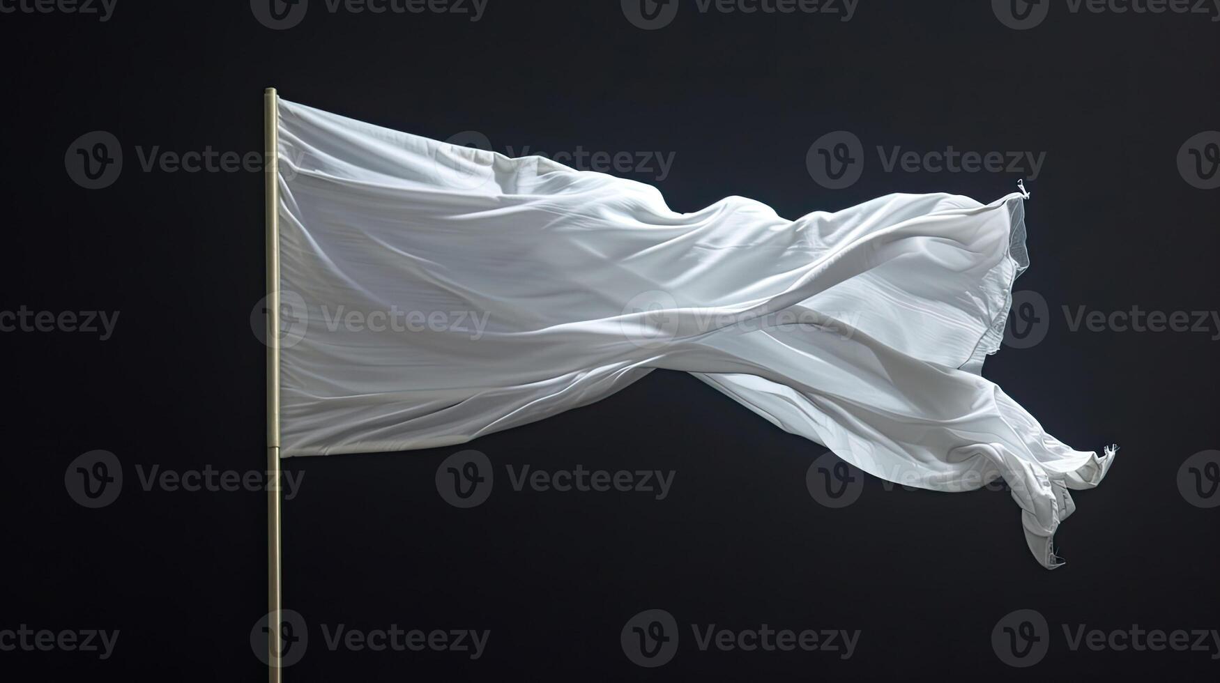 AI generated blank white flag on a flagpole, isolated against a stark black background, conveying a sense of simplicity and purity in its symbolism. photo