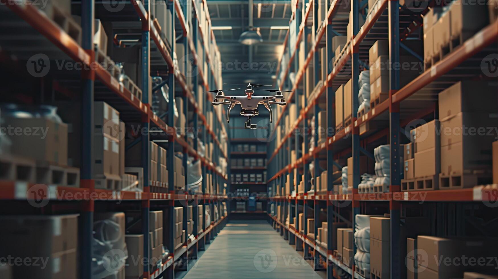 AI generated drones hovering over aisles in a warehouse, diligently scanning barcodes for precise inventory management, showcasing the seamless integration of technology into the supply chain. photo