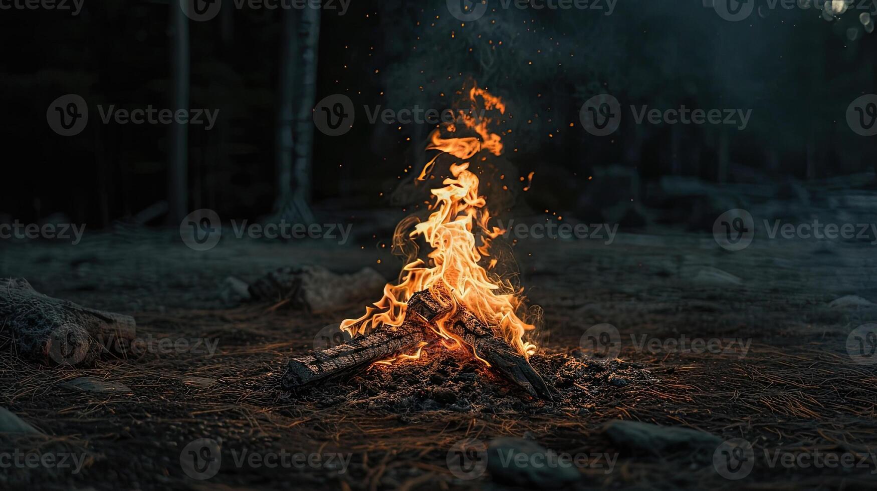 ai generado un flameante fuego en contra un oscuro negro fondo, evocando un primitivo sentido de comodidad y intriga en medio de el oscuridad. foto