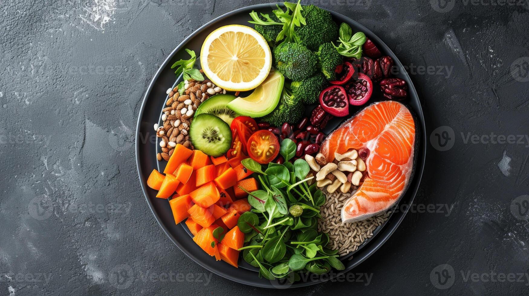 AI generated a plate divided into sections, a balanced diet that emphasizes the importance of the right types of fats, countering the notion that saturated fats of cardiovascular disease. photo