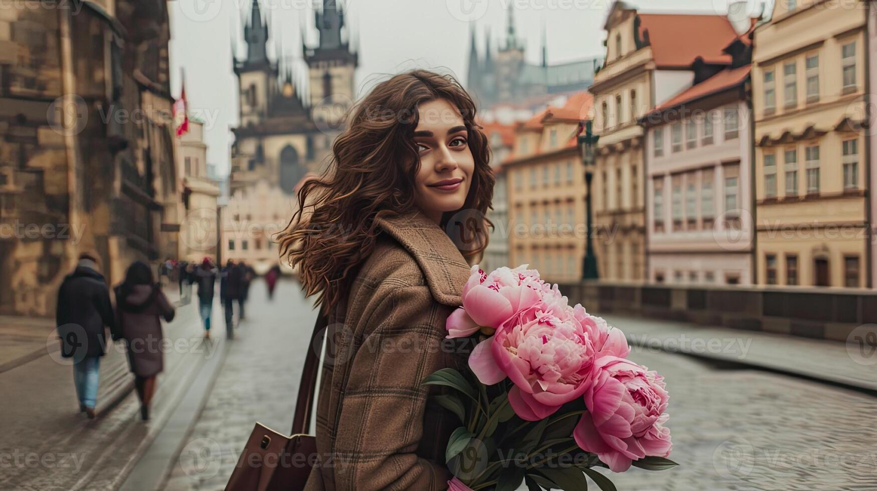 AI generated a 35-year-old woman, her face illuminated by a bright smile as she gracefully holds a large bouquet of peonies, her tall stature and elegant coat adding to the allure of the scene. photo