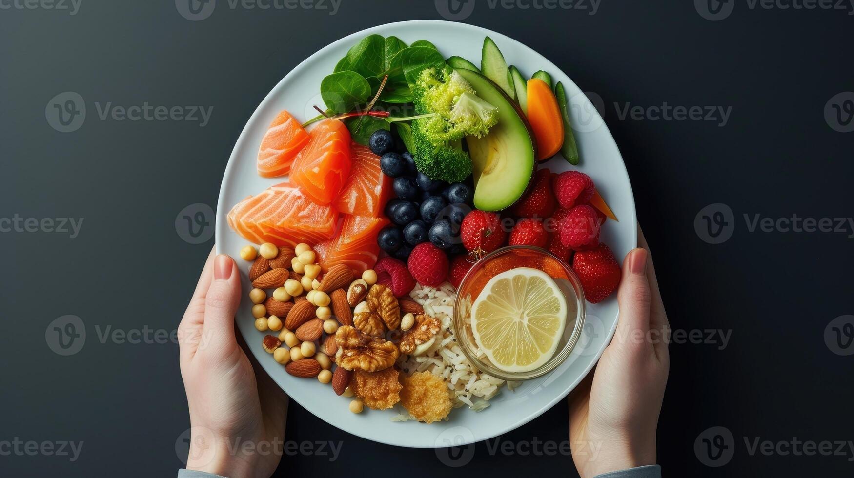 AI generated a plate divided into sections, a balanced diet that emphasizes the importance of the right types of fats, countering the notion that saturated fats of cardiovascular disease. photo