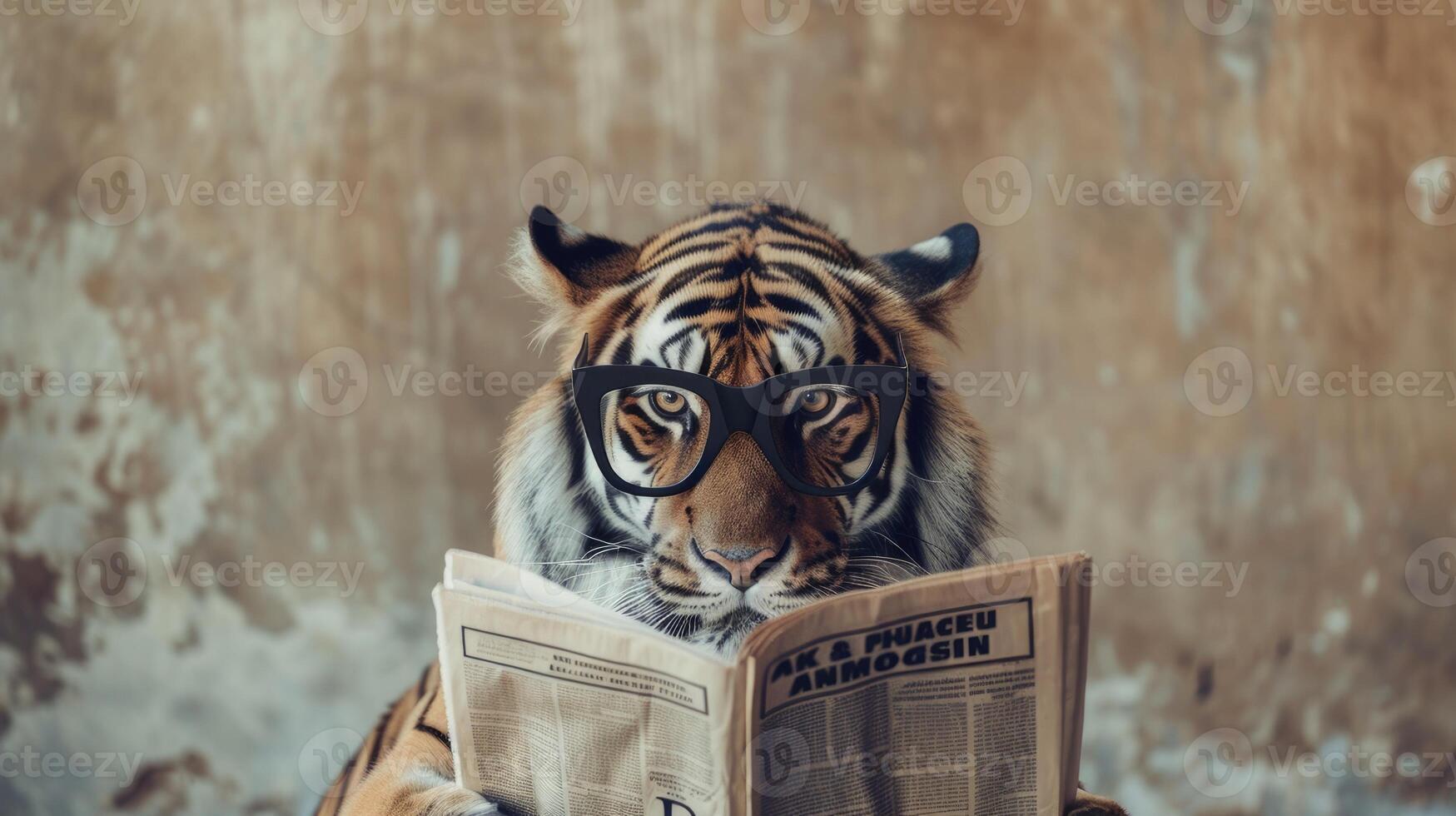 ai generado Tigre vistiendo negro lentes como eso se involucra en el Actuar de leyendo un periódico en contra un sereno, de color claro fondo foto