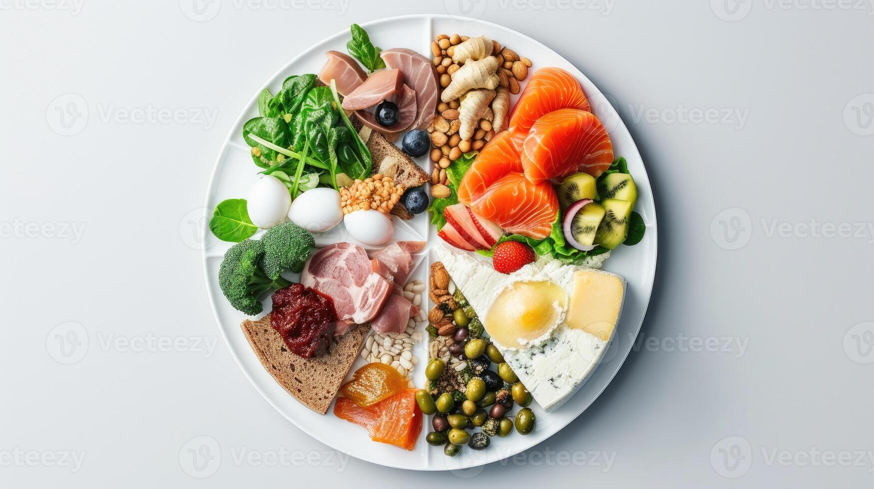 AI generated a plate divided into sections, a balanced diet that emphasizes the importance of the right types of fats, countering the notion that saturated fats of cardiovascular disease. photo