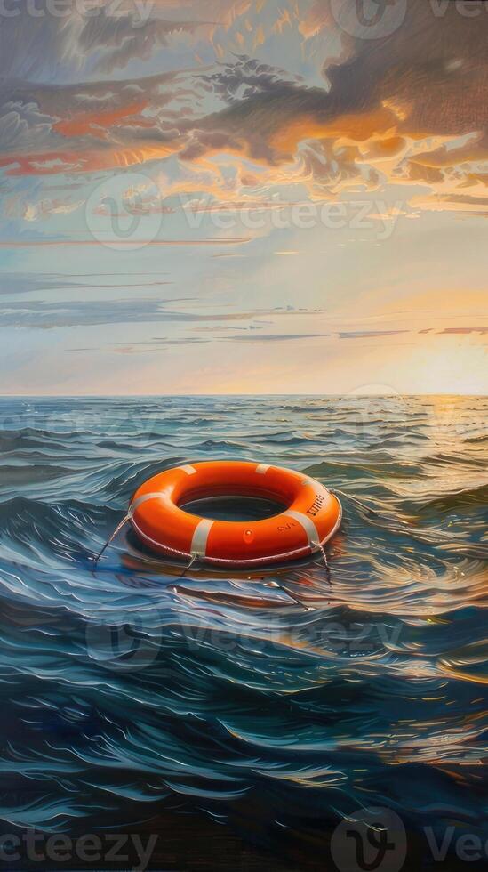 AI generated safety and hope amidst the vastness of the open sea with an orange lifebuoy floating serenely, symbolizing protection and optimism under the expansive sky. photo