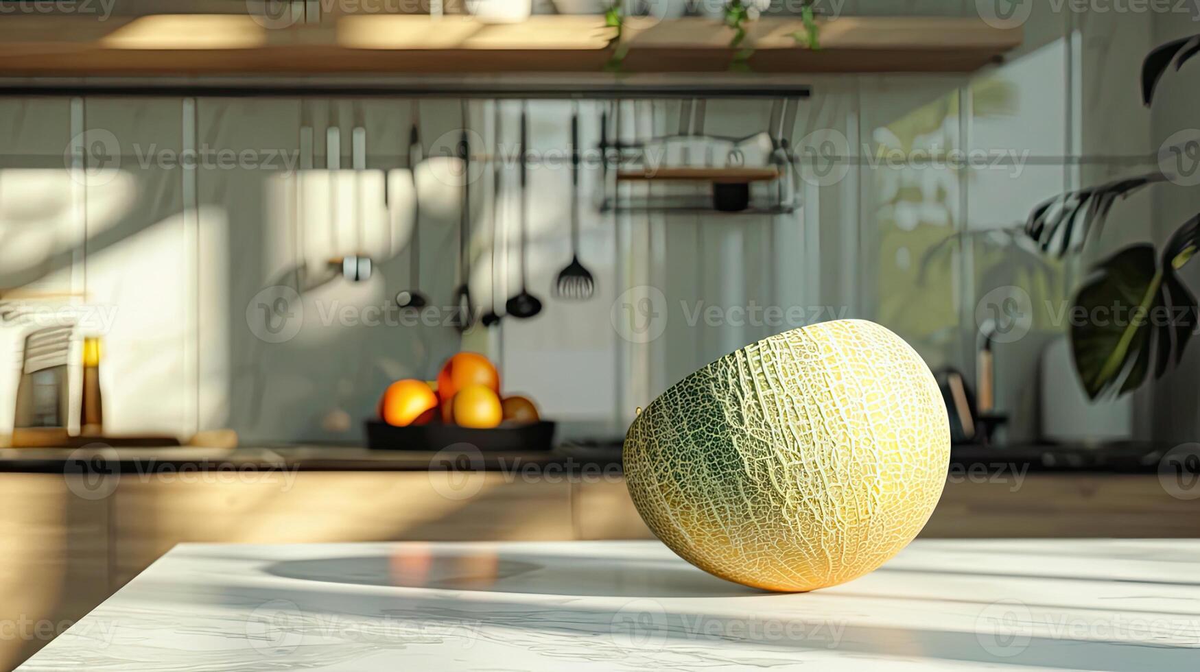 AI generated a melon close-up against a light background in a modern kitchen, showcasing its vibrant colors and enticing texture. photo