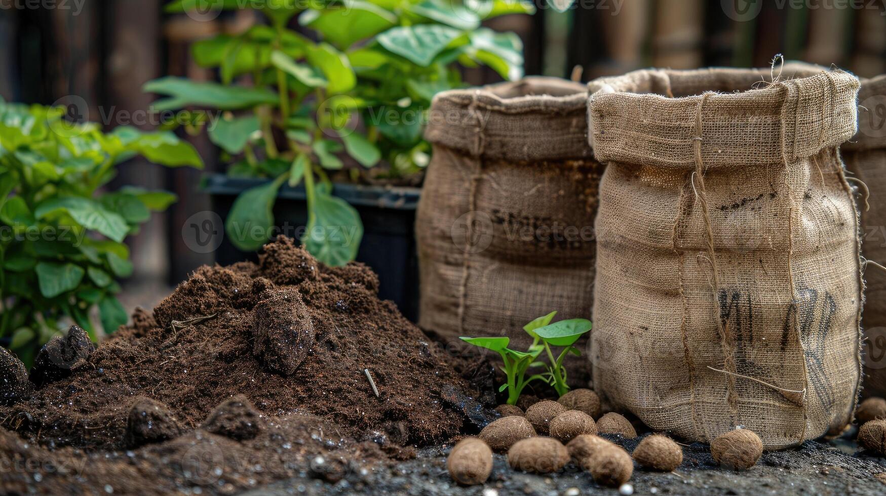 AI generated vegetable seeds with a mix of coco coir, peat, and perlite, showcasing the essential components of a healthy and fertile growing medium in a gardening setting. photo