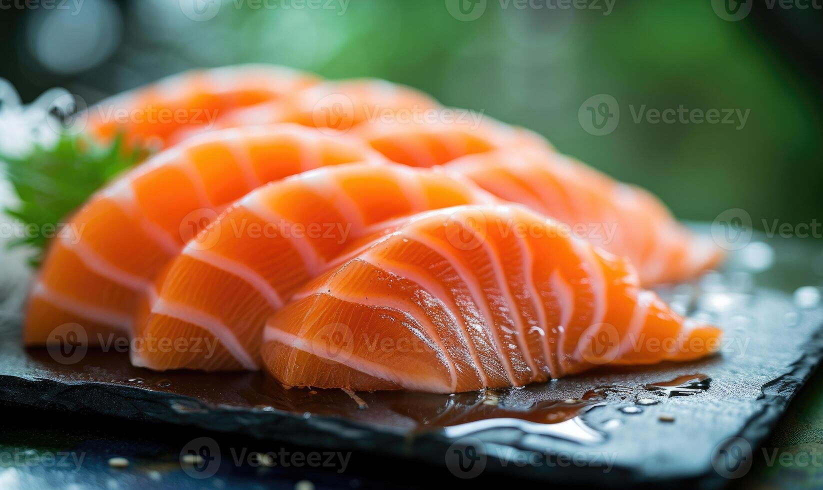 ai generado crudo Fresco salmón sashimi servido en negro lámina, japonés comida estilo foto