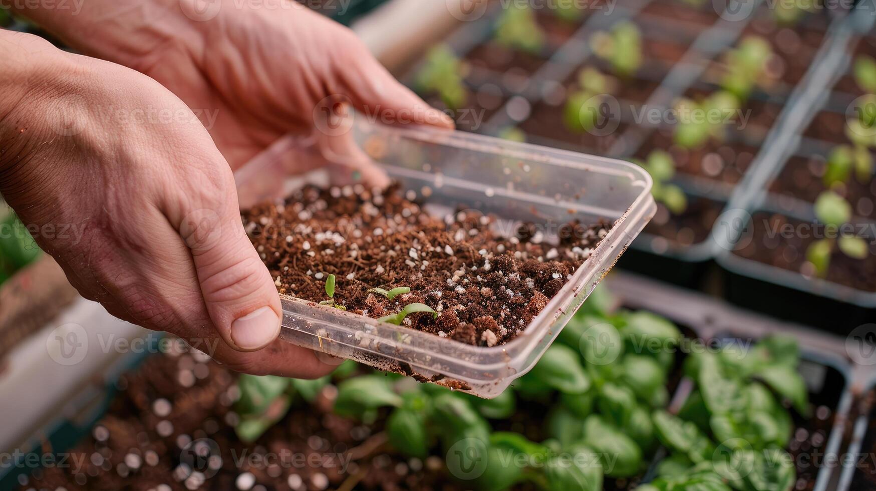 AI generated vegetable seeds with a mix of coco coir, peat, and perlite, showcasing the essential components of a healthy and fertile growing medium in a gardening setting. photo
