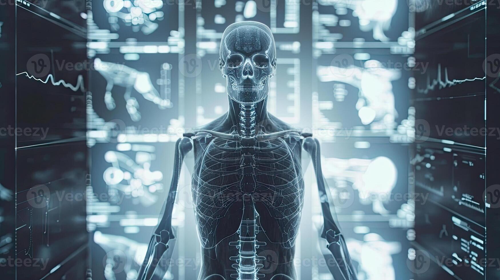 AI generated perspective vision and artificial intelligence in healthcare, showcasing the analysis of X-rays or diagnosis of diseases with unprecedented accuracy. photo