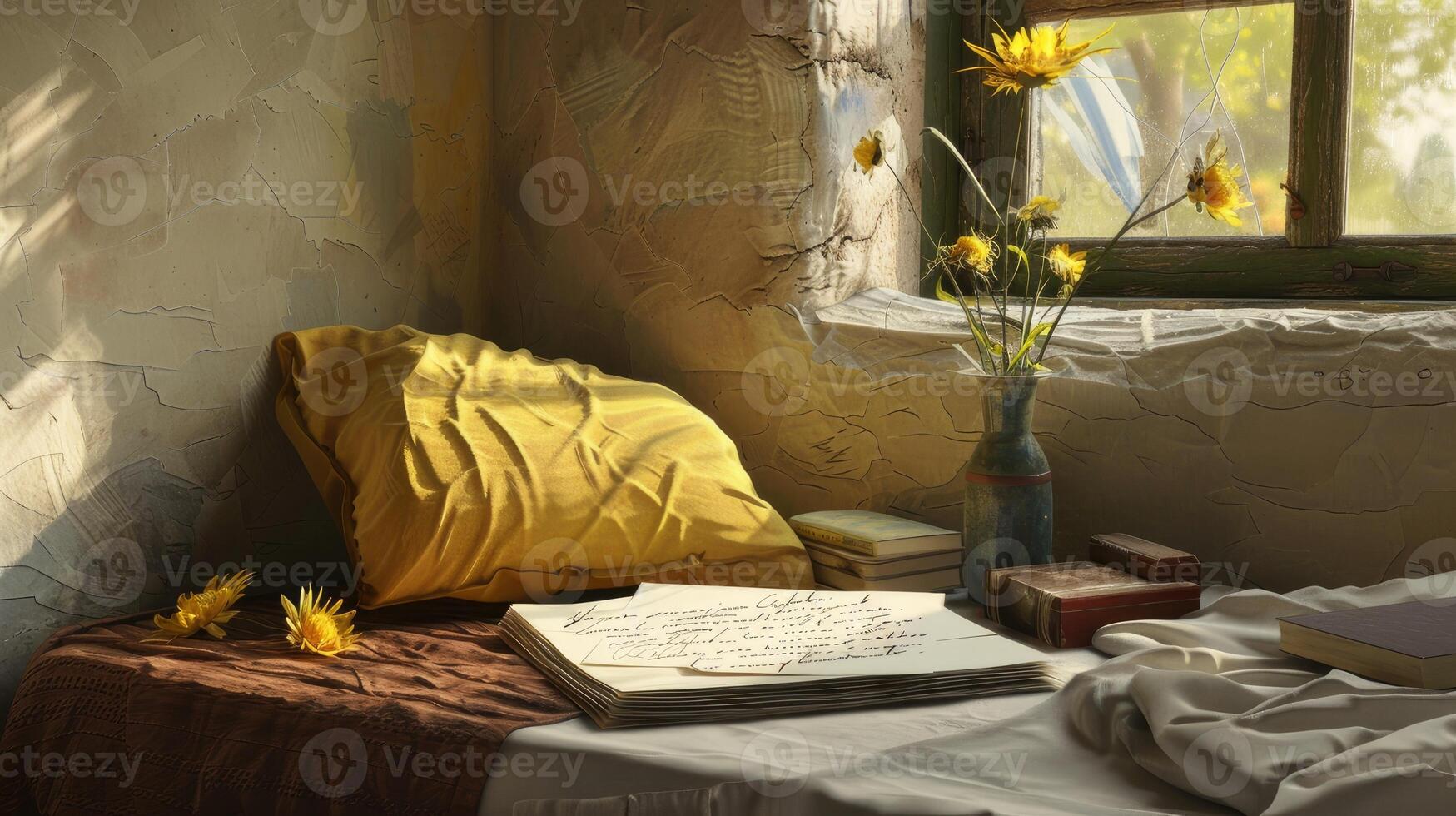 AI generated summer with a cozy scene featuring a personalized note on a piece of paper, nestled in a warm and inviting setting, evoking feelings of relaxation and joy. photo