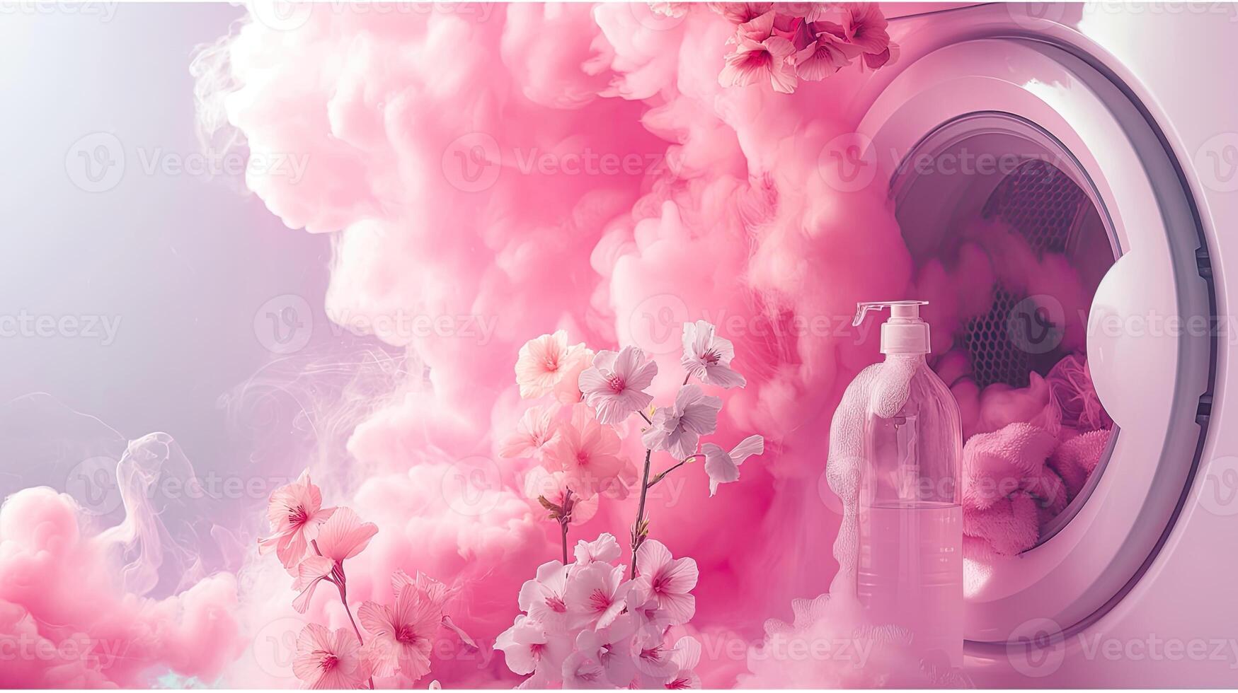 AI generated fragrant pink clouds and floral patterns emerging from freshly laundered items, illustrating the unique floral scent of laundry detergent gel. photo