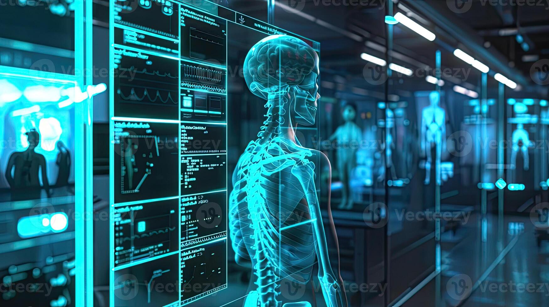 AI generated perspective vision and artificial intelligence in healthcare, showcasing the analysis of X-rays or diagnosis of diseases with unprecedented accuracy. photo