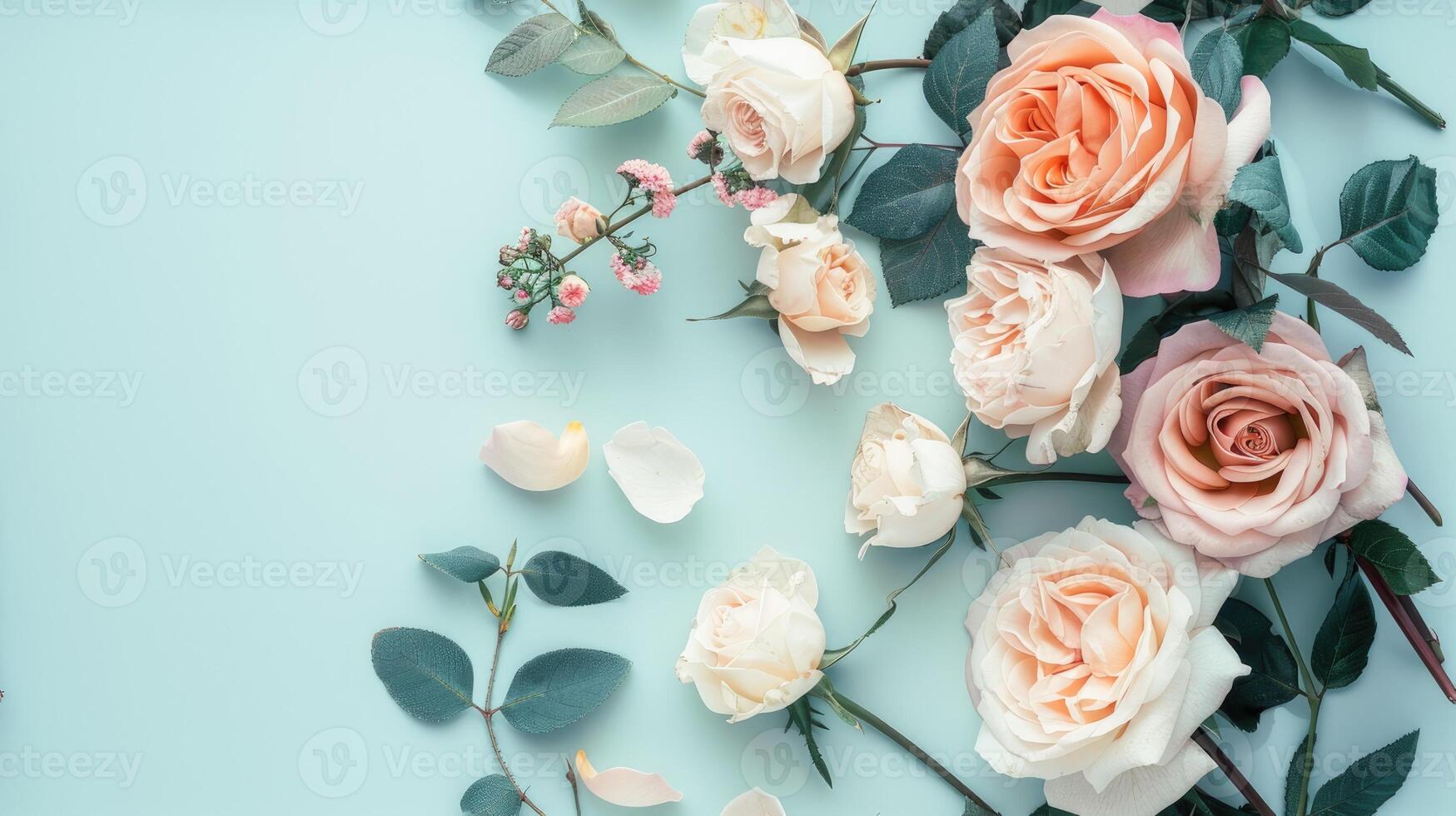 AI generated a bridal flower arrangement featuring roses in a variety of pastel colors, beautifully arranged in a top view, flat lay composition, perfect for inspiring brides to be. SEAMLESS PATTERN. photo