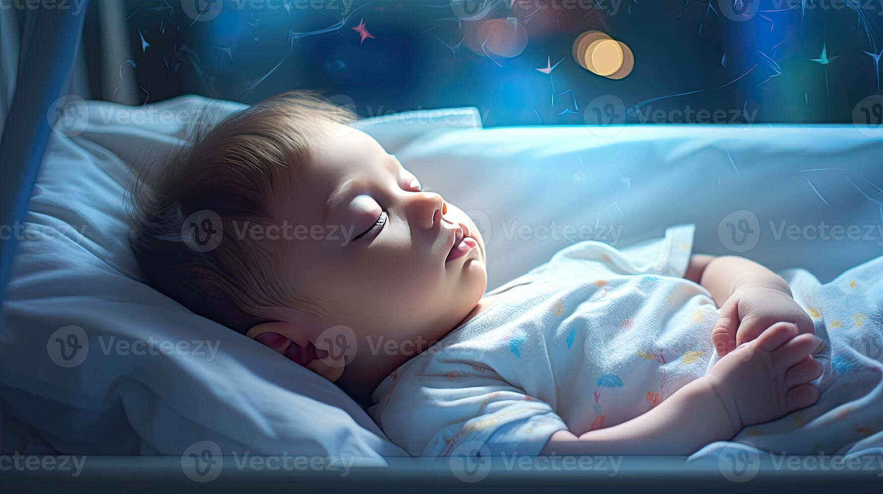 AI generated a boy peacefully lying in a hospital crib, surrounded by the serenity of the hospital environment, that highlights the precious moments of life. photo