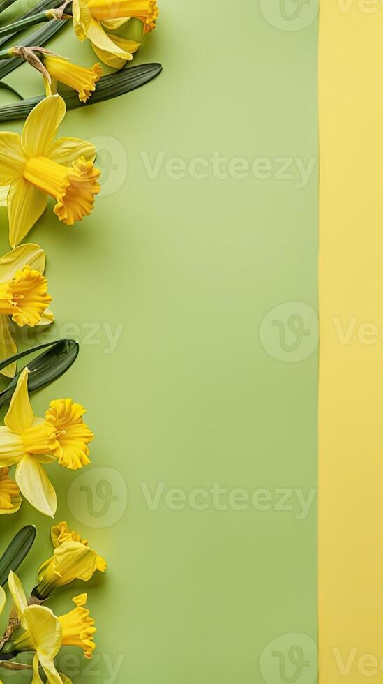 AI generated yellow daffodils, set against an electric lime green background, embodying the essence of springtime bloom and floral beauty. Ample copy space provided for messaging. photo